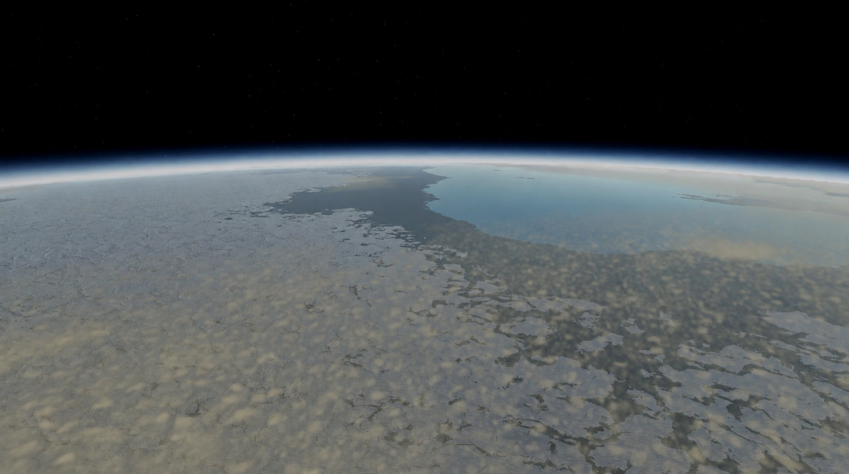 Clouds and coastline beneath the blue atmospheric horizon of Aster Vale